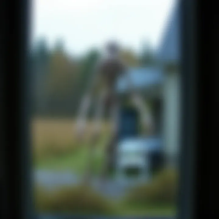 A tall, pale creature with long limbs standing outside a rural home in Nova Scotia, seen through a window screen.