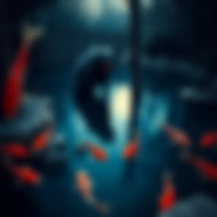 A strange tall creature lurking near a koi pond, seen partially in the shadows, as koi fish swim nearby.