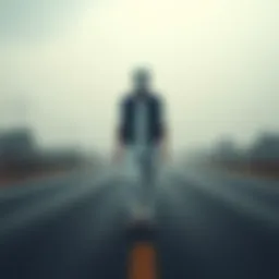 A tall, thin figure in white trousers and a blue vest stands eerily on a dark road, with a flat white mask and wind blowing around it.