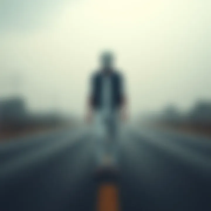 A tall, thin figure in white trousers and a blue vest stands eerily on a dark road, with a flat white mask and wind blowing around it.