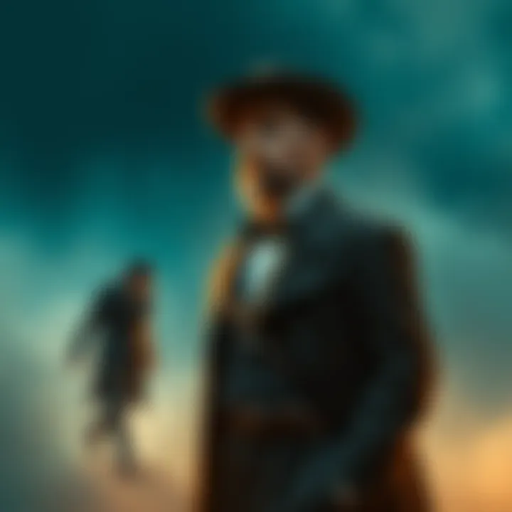 A tall man dressed in early 20th-century clothing stands next to a figure in a dreamlike setting, evoking a sense of nostalgia and past connections.