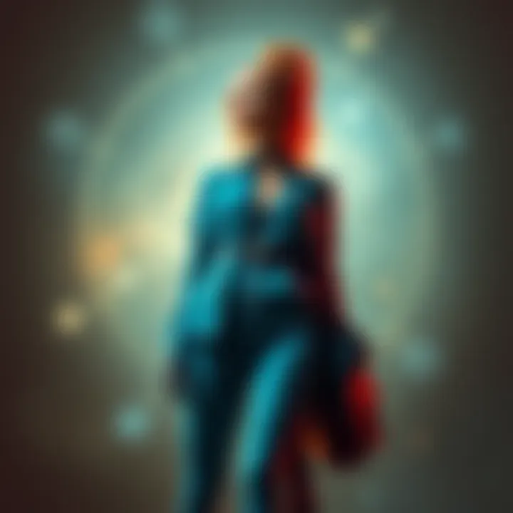 A tall woman representing the Aquarius zodiac sign stands confidently in a stylish outfit, surrounded by celestial symbols, reflecting her unique traits.
