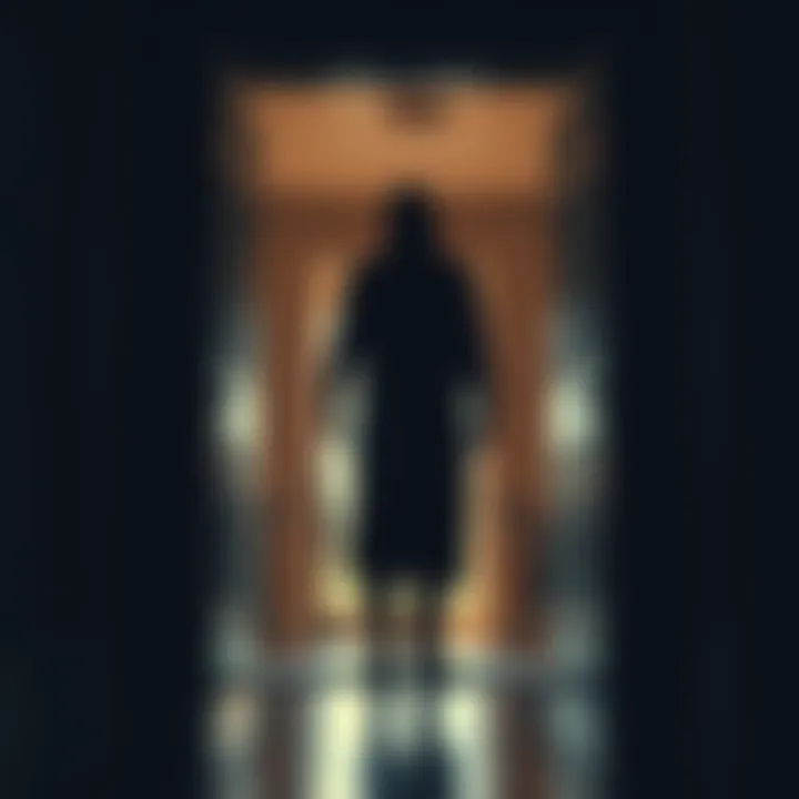 Tall black figure in doorway A dark silhouette of a tall figure stands in a doorway, with a shorter figure visible nearby, hinting at strange encounters in a home.