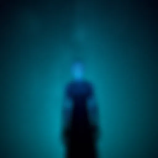 Two tall blue beings are standing under a starry night sky, looking curiously at the viewer, surrounded by glowing light.