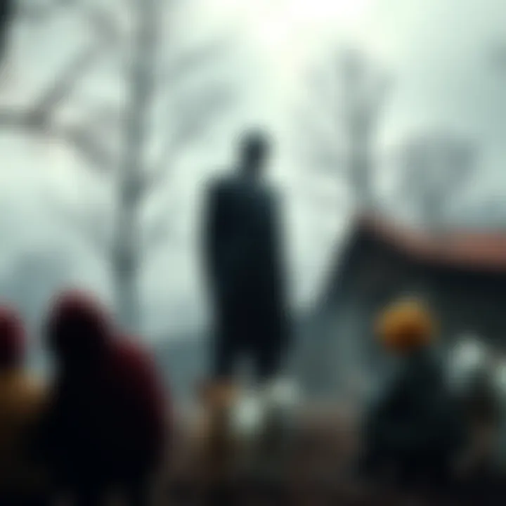 A tall, faceless figure in a black suit stands among frightened children and animals in Bosnia during the 1960s.