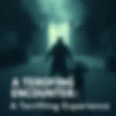A tall figure looms in a shadowy setting, while a person appears frozen and panicked, symbolizing a disorienting experience.