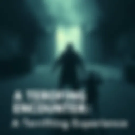 A tall figure looms in a shadowy setting, while a person appears frozen and panicked, symbolizing a disorienting experience.