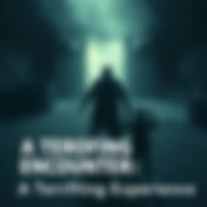 A tall figure looms in a shadowy setting, while a person appears frozen and panicked, symbolizing a disorienting experience.