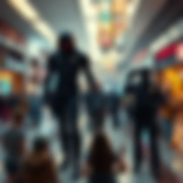 Eyewitness sees tall, strange figures causing panic in a crowded mall with police present.