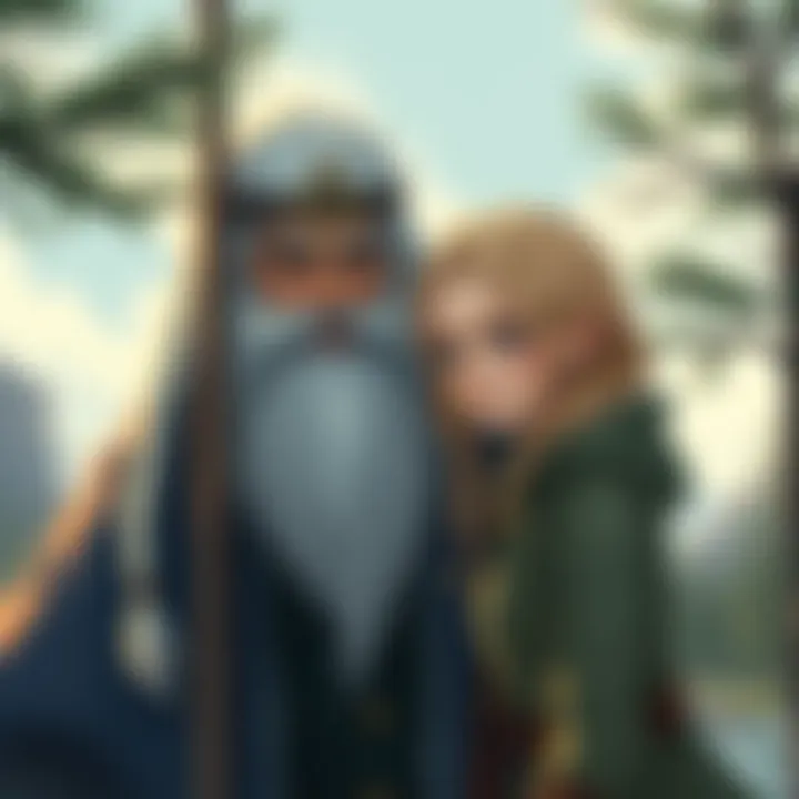 Illustration of a tall figure representing Nordic NHI interacting with a human, showcasing blue eyes and blonde hair, set in a nature background.