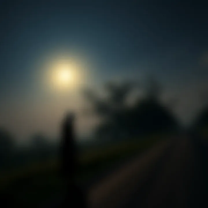 Tall, Pale Humanoid in Rural Texas A tall, pale humanoid figure stands beside a dark road under a moonlit sky, with trees in the background.