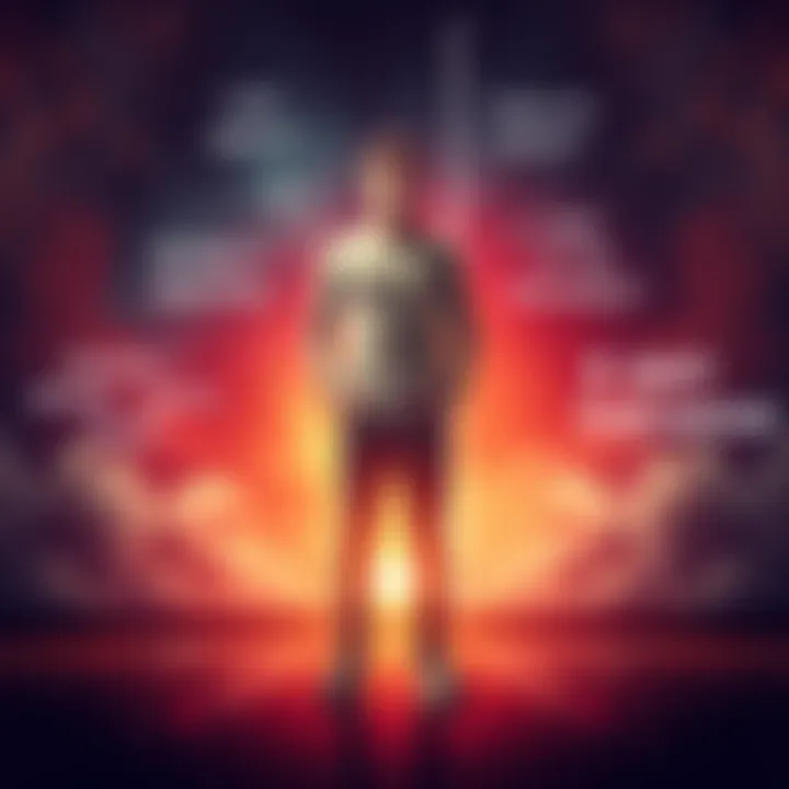 Tall Person Standing Confidently A person standing confidently, showcasing an increase in height, surrounded by motivational elements like uplifting messages and subliminal imagery.