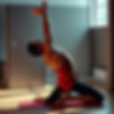 Tall person practicing yoga A tall individual in a yoga pose, focusing on alignment and posture, with a look of concentration on their face