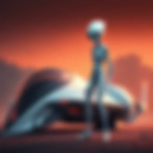 A tall white alien stands near a sleek, futuristic spacecraft, showcasing its unique physical features and advanced technology.