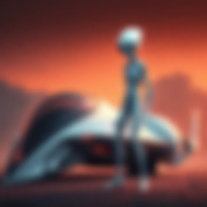 A tall white alien stands near a sleek, futuristic spacecraft, showcasing its unique physical features and advanced technology.