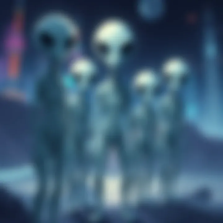 Tall White Aliens Illustration of tall white aliens standing together, with distinct features like elongated heads and large eyes, set against a backdrop of a futuristic cityscape.