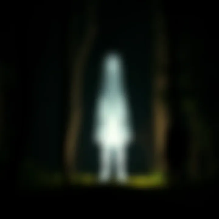 Tall white creature in the woods A tall, white creature stands among trees in a dark wooded area at night, seemingly watching a person walking by.