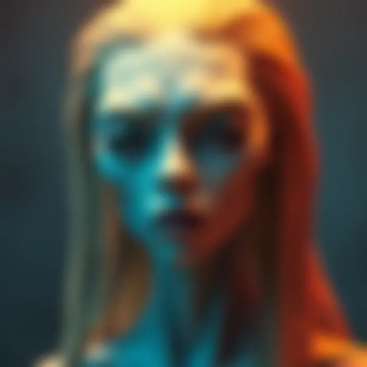 A depiction of a Tall White extraterrestrial with long golden hair and a distinct forehead, showcasing a sympathetic expression.