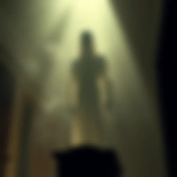 A tall, white figure with no eyes and a gaping mouth stands in a dimly lit room, creating a spooky atmosphere.