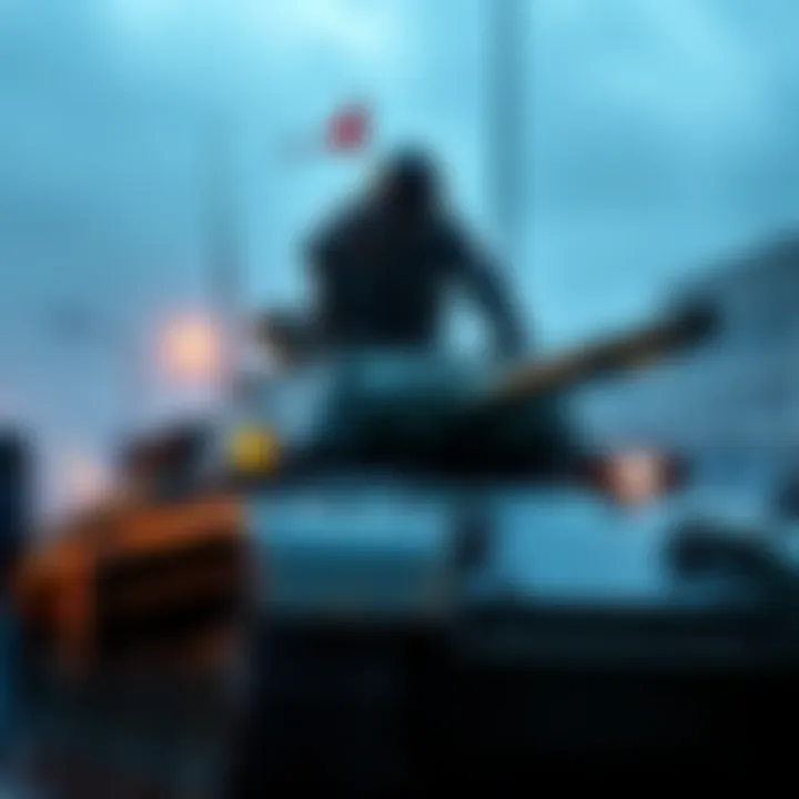 A brave figure, known as Tank Man, stands defiantly on top of a military tank, symbolizing protest against oppression.
