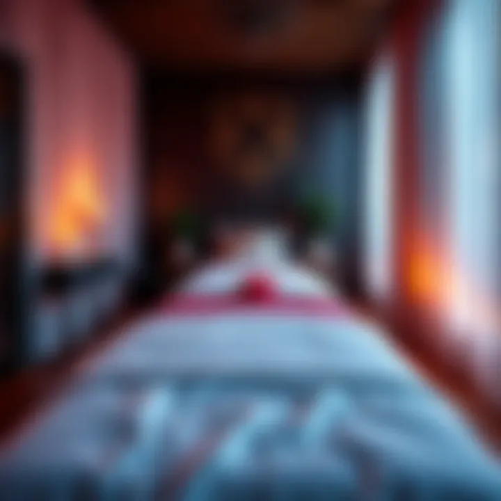 A serene room set up for a tantra massage with candles and soft fabrics