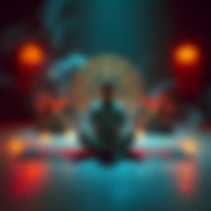 A person sitting cross-legged in meditation, surrounded by symbols of Taoism and Buddhism, looking peaceful and contemplative.