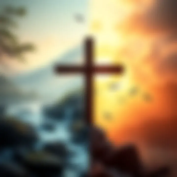A side-by-side visual representation of Taoism and Christianity. On one side, a serene landscape symbolizing Taoism with flowing water and natural elements. On the other, a cross symbolizing Christianity, set against a warm, inviting background.