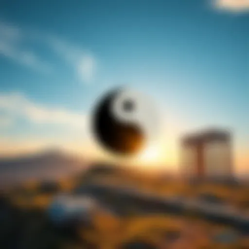 A serene landscape depicting yin and yang symbols alongside ancient Greek columns, representing the connection between Taoism and European philosophy.