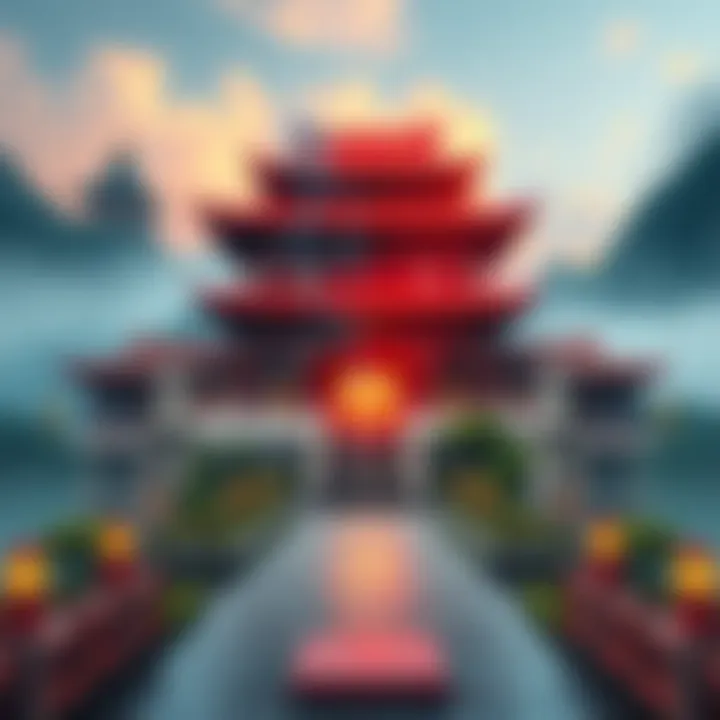 A serene landscape depicting a temple blending elements of Taoism and Buddhism, symbolizing the harmonious coexistence of the two traditions in modern Taiwan and China.