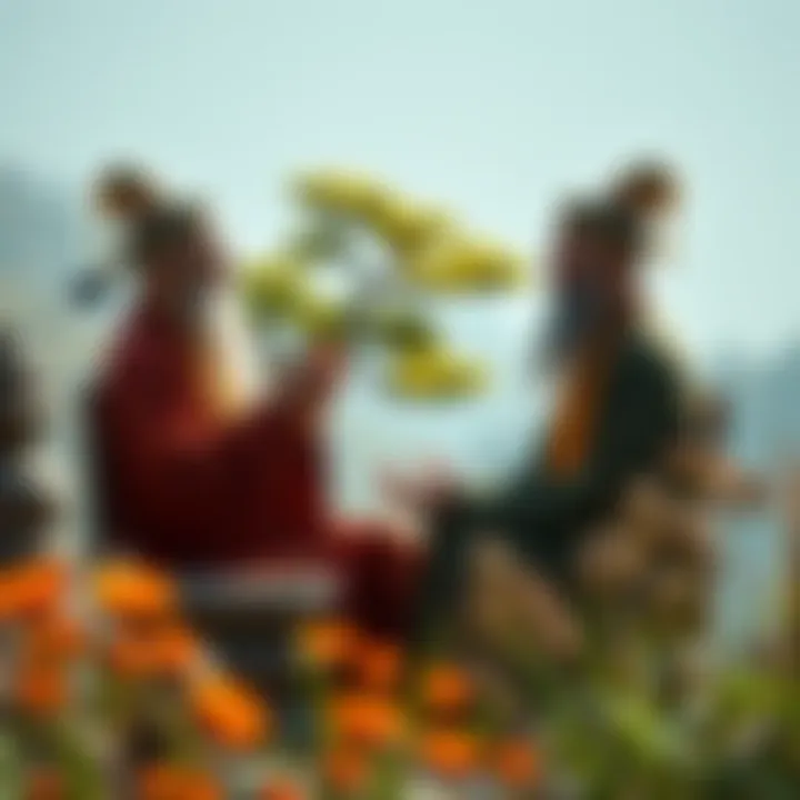 Two Taoist philosophers sharing a laugh in a serene setting, surrounded by nature and symbols of harmony.