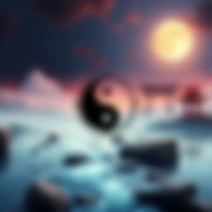 A serene landscape featuring Taoist symbols like the Yin Yang and flowing water, representing death awareness and reflection in Taoism.