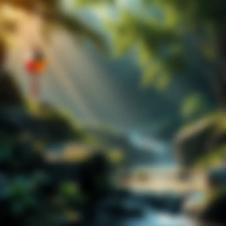 A serene scene depicting Taoist symbols like yin-yang surrounded by lush greenery and a flowing stream, representing harmony with nature.