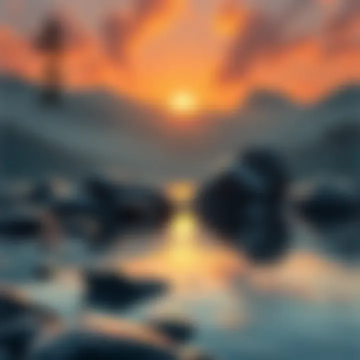 A peaceful nature scene featuring water, rocks, and Taoist symbols like Yin and Yang, encouraging reflection on Taoism's concepts.