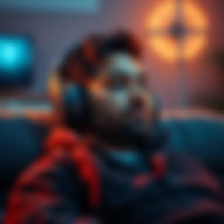 Individual relaxing with headphones, appearing contemplative while using audio tapes for Focus 10 and 12 sessions.