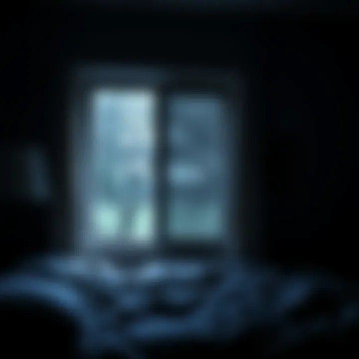 Tapping noise at a window A dark bedroom with a window slightly open, where strange tapping sounds can be heard from outside, creating an eerie atmosphere.