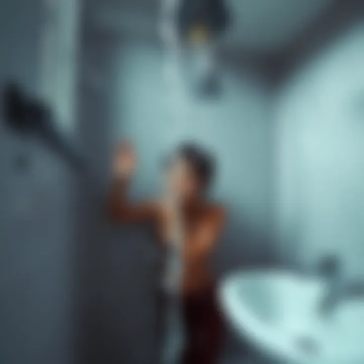 A bathroom scene with water running, showing a person looking startled as tapping sounds are heard from the walls after a spiritual cleanse