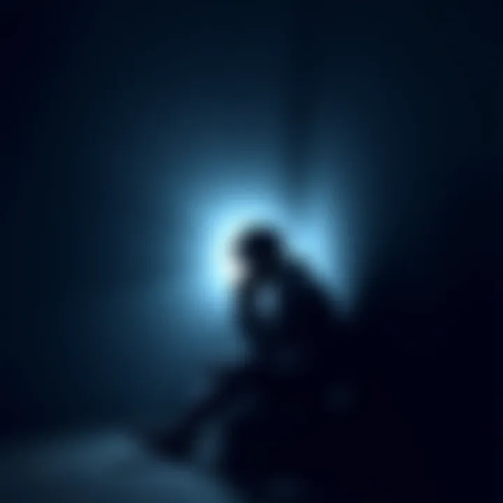A person sitting alone with a worried expression, surrounded by dark shadows symbolizing feelings of being targeted. The environment reflects a sense of isolation.