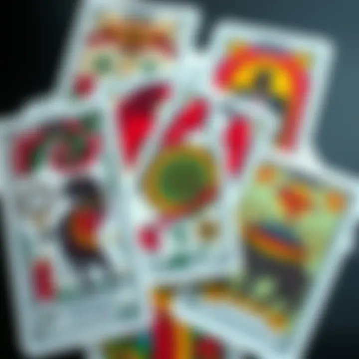 Colorful tarot cards from the Tarocco di Colombo deck featuring unique designs and symbols.