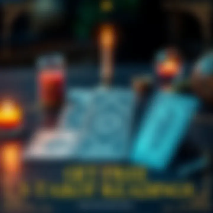 A tarot card spread showing three cards laid out on a table, with mystical symbols and a candle in the background, inviting questions for readings.