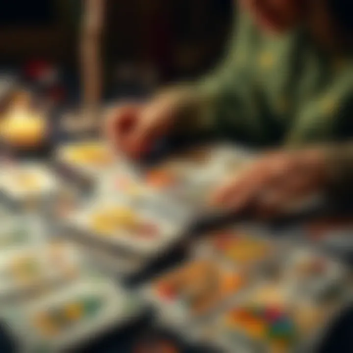 A colorful display of tarot cards on a table with a person shuffling them. Light shines softly on the cards, creating an inviting atmosphere for readings.