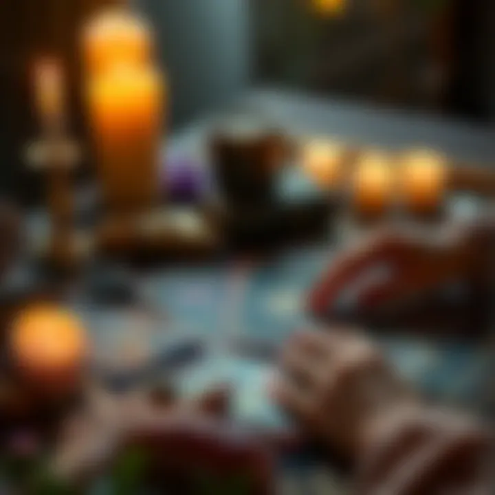 Tarot Card Reading Setup A tarot card layout on a table with candles and crystals, symbolizing love and connection, with a person's hands gently touching the cards.