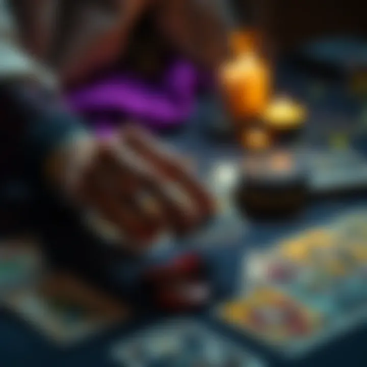 Person choosing a tarot card with a colorful deck spread out on a table