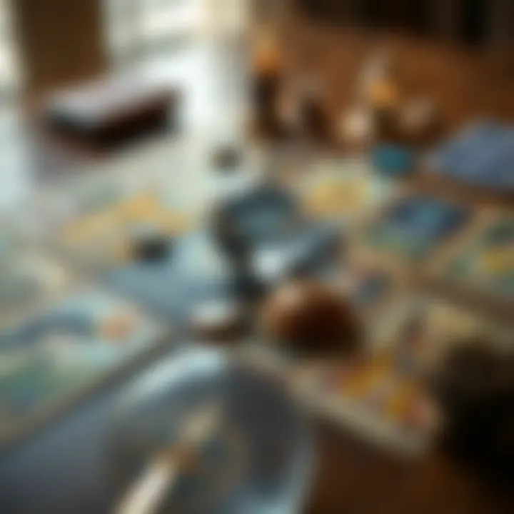 Tarot Card Spread A colorful spread of tarot cards laid out on a wooden table, showcasing various symbols and imagery, with a crystal ball nearby.