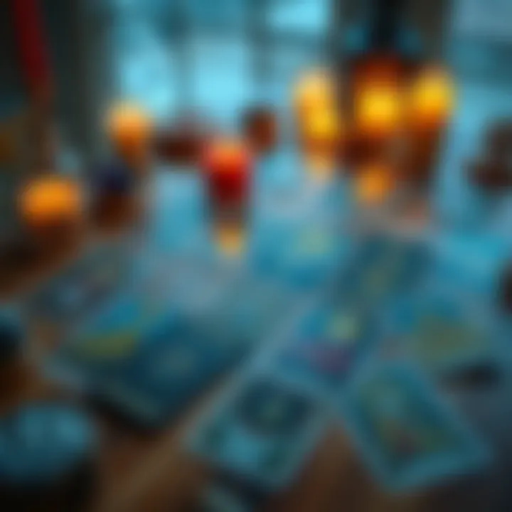 Tarot card spread on table A colorful spread of tarot cards laid out on a wooden table with candles and crystals around them