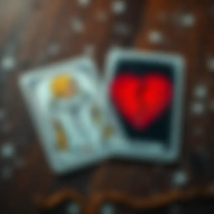A pair of tarot cards laid out next to a broken heart symbol, representing the journey of reconciling with an ex.