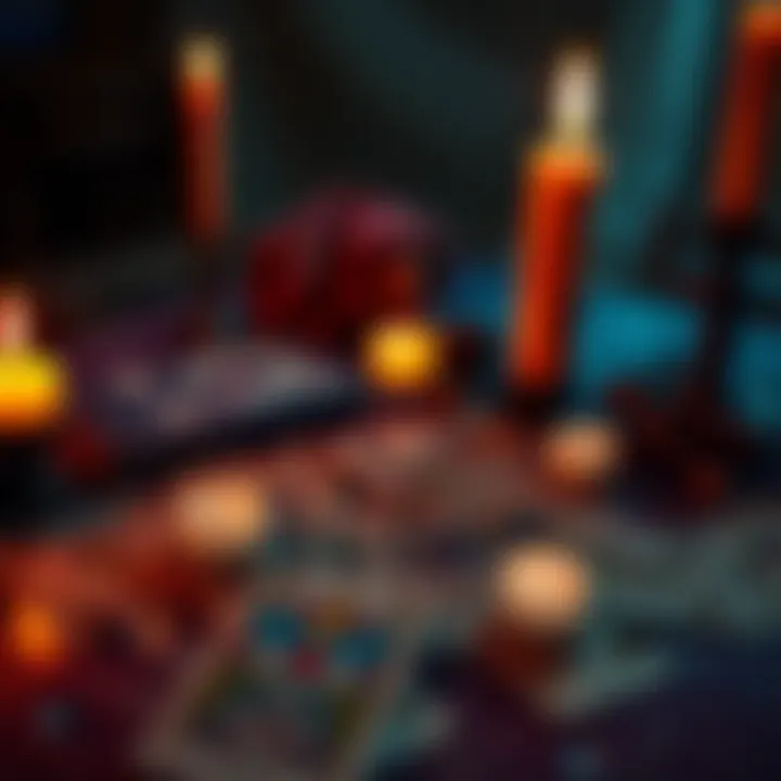 Tarot cards and glowing candles A set of tarot cards laid out on a table beside lit candles, creating a mystical atmosphere
