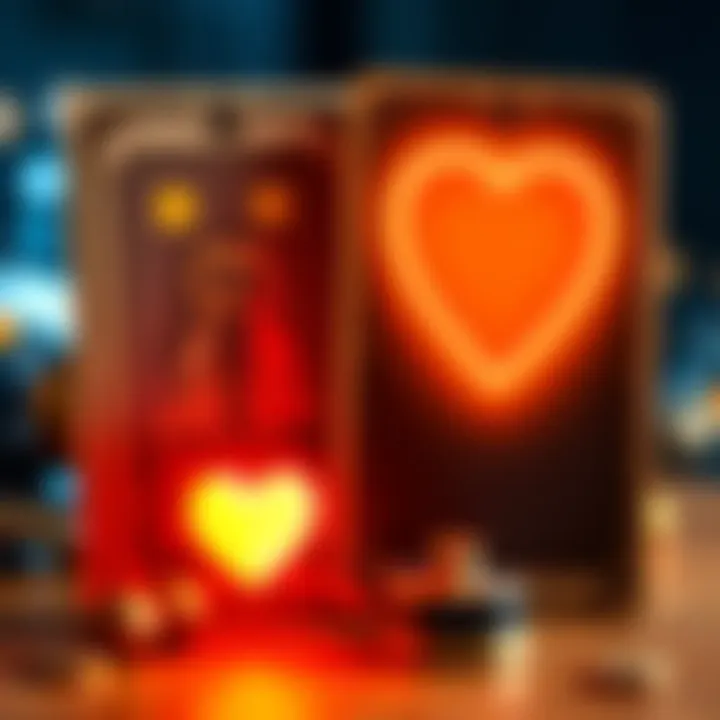 Tarot Cards and Heart Symbol A display of tarot cards including The Lovers and Nine of Cups beside a glowing heart symbol, representing emotional connections.