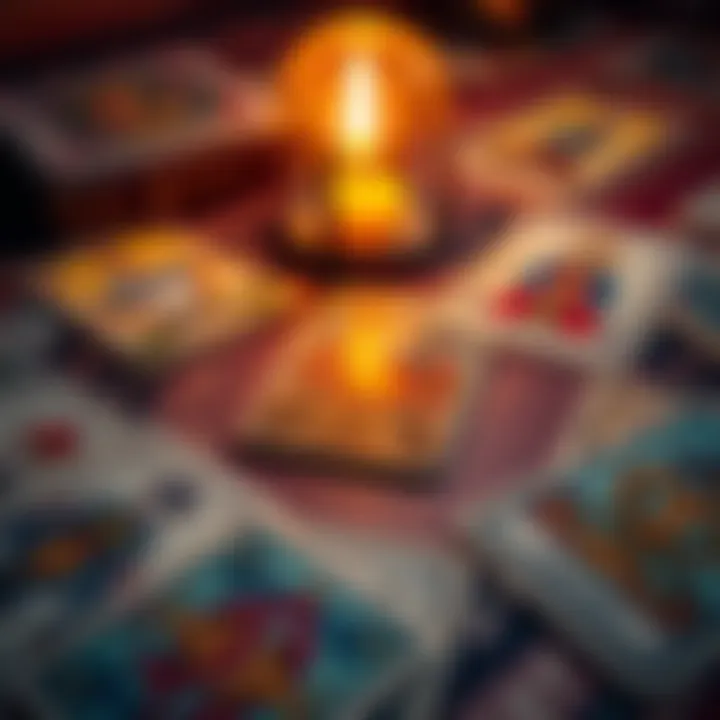 A close-up of tarot cards spread on a table, symbolizing the connection between intuition and emotional insight.