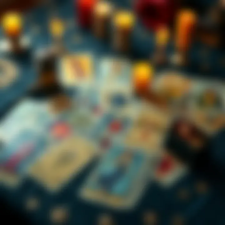 A spread of tarot cards on a table, depicting symbols related to love and relationships, inviting people to seek guidance.