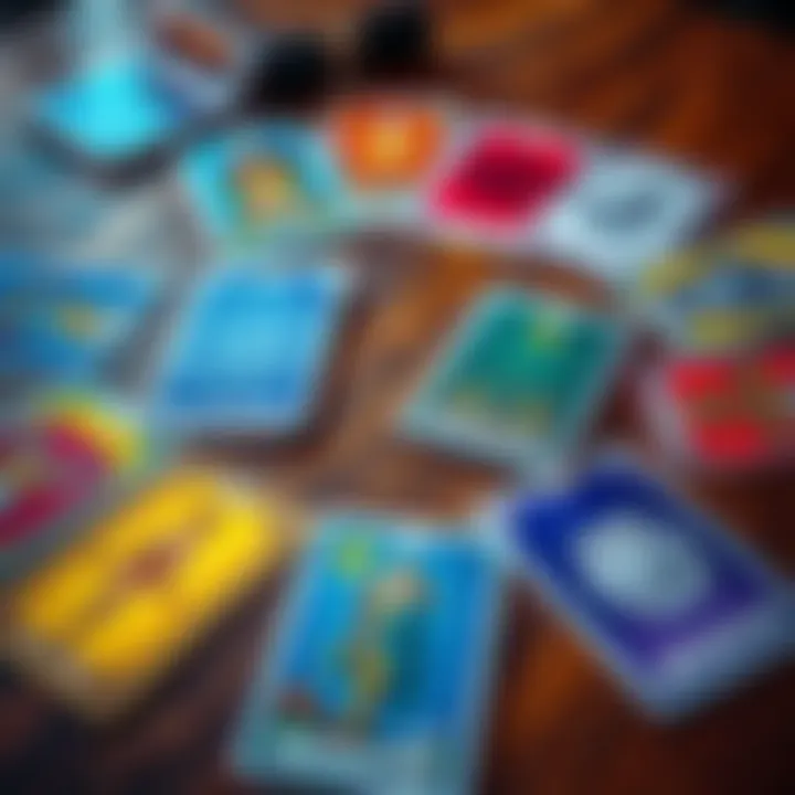A colorful spread of Tarot cards on a wooden table, showing both upright and reversed cards